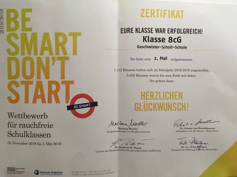 Zertifikat Nichtraucherwettbewerb